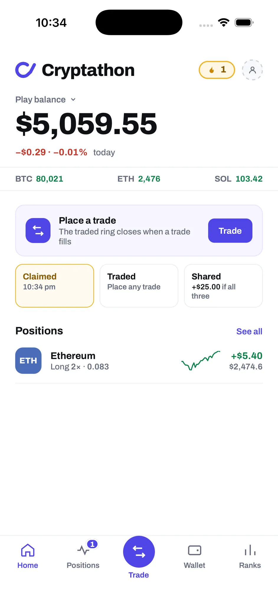 Cryptathon home screen with a virtual balance, daily activities, and open positions