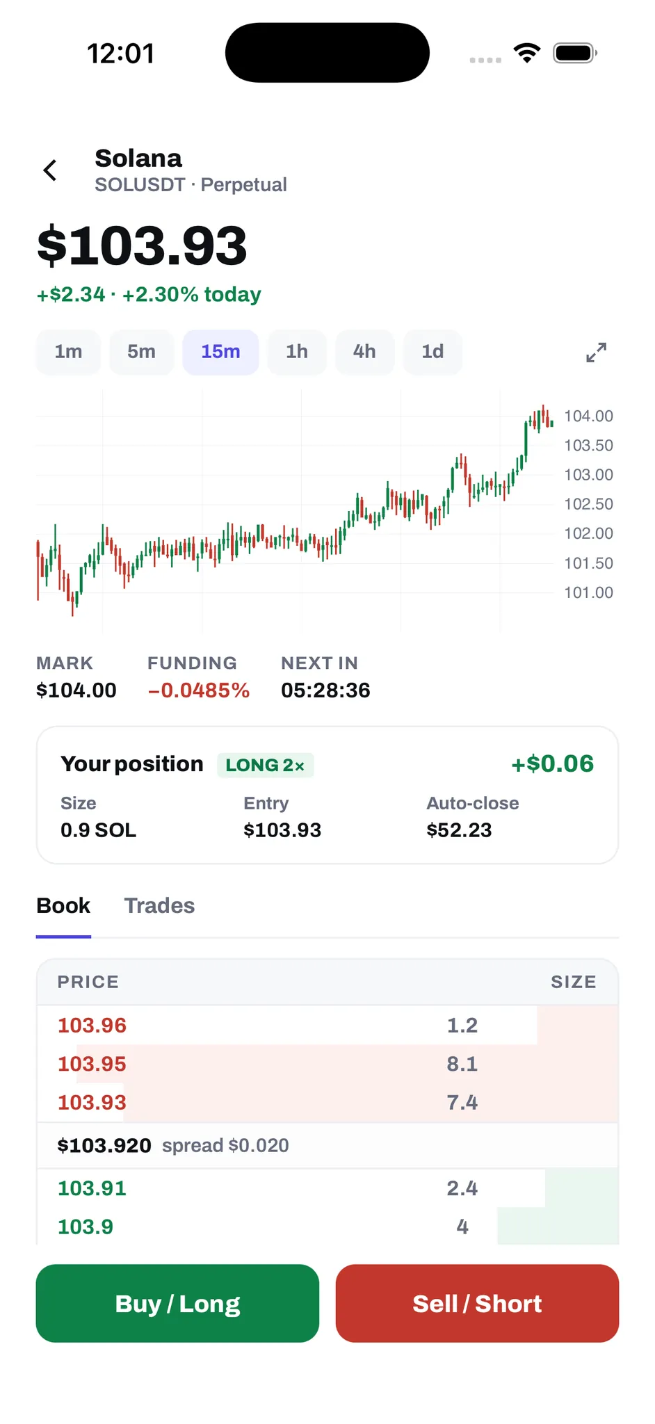 Cryptathon trading screen with a Solana chart, order book, and buy and sell buttons